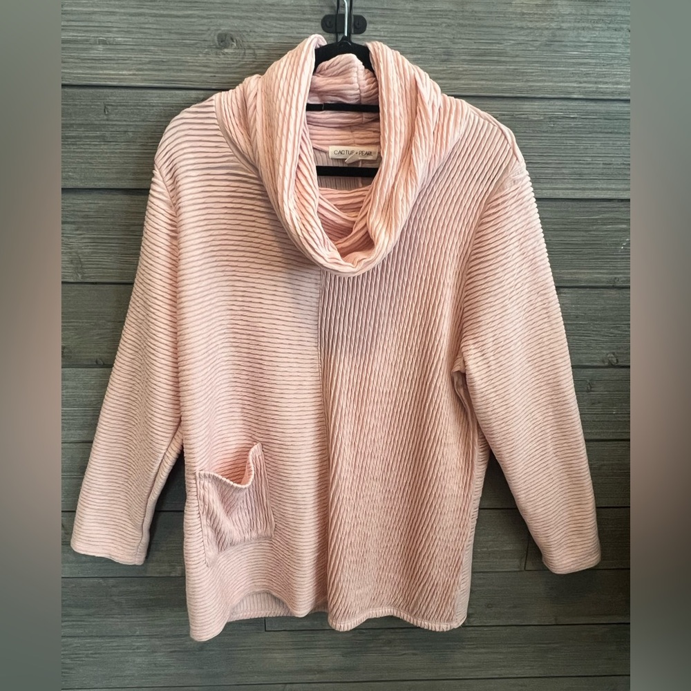 Cozy Blush Ribbed Cowl-Neck Tunic with Pocket
